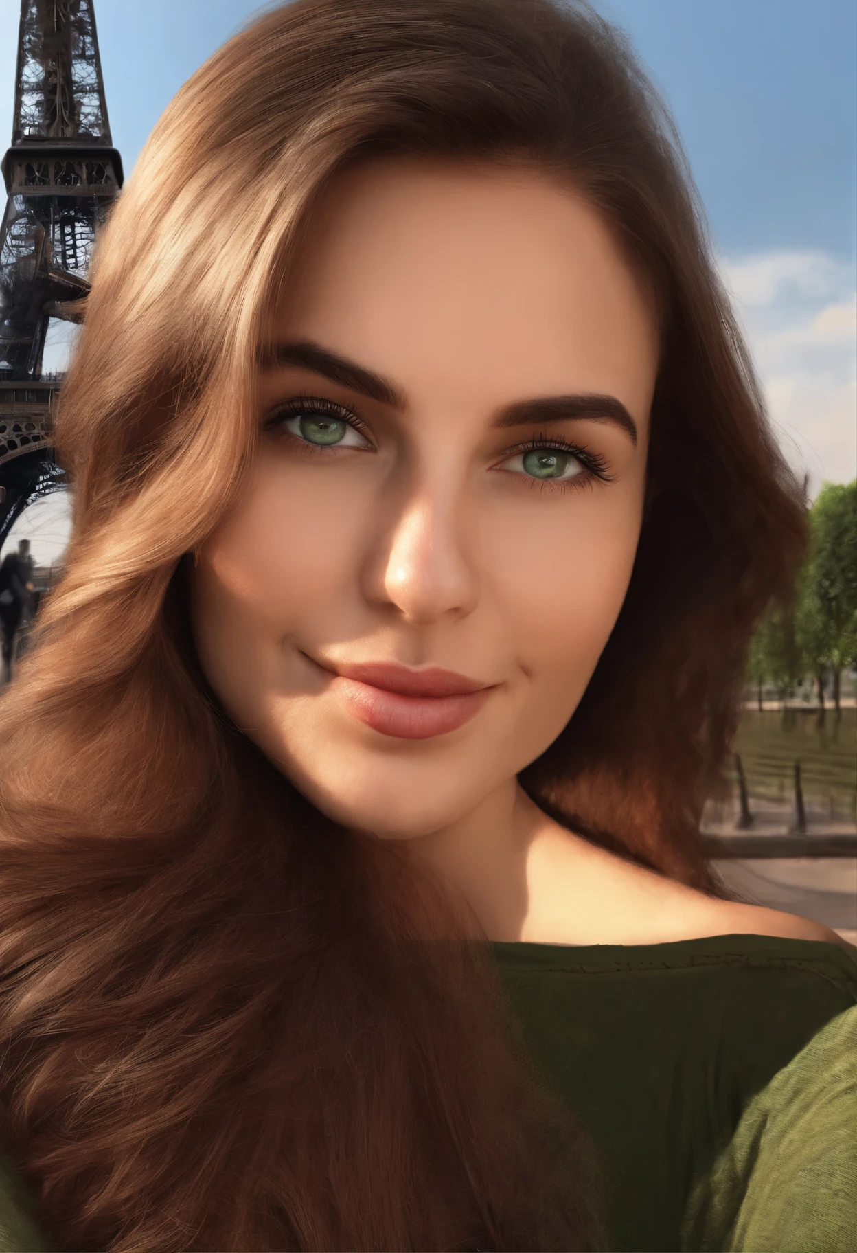 arafed woman face, sexy girl with green eyes, ultra realistic, big , brown hair and large eyes, selfie of a young woman, red myers, without makeup, natural makeup, looking directly at the camera, face with artgram, in street, medium to large size bust, little curvy, realistic, eiffel tower on background