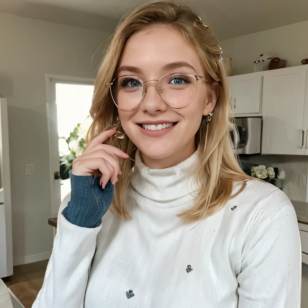 Blonde girl, 23 years old, blue eyes, freckles, American, heart shaped face, laughing, wedding ring, kitchen, turtleneck, thin eyeliner, thin glasses