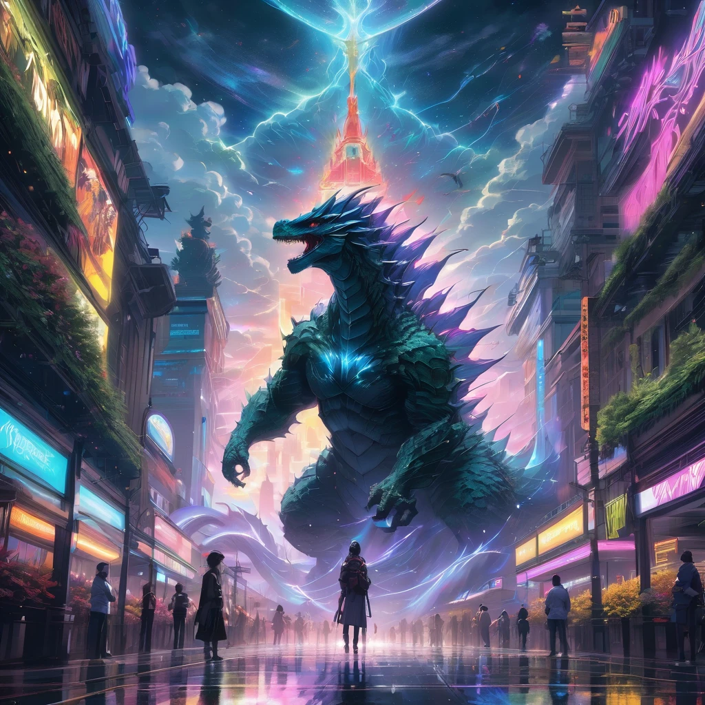 Godzilla, aesthetic, christzilla, epic scene, colors, holy, full body, galaxy, and, stars, atmosphere, unreal engine, pixar, video game, ethereal, insanely detailed, symmetrical, concept art, peter mohrbacher, charlie bowater, artstation, cinematic, video game, digital painting