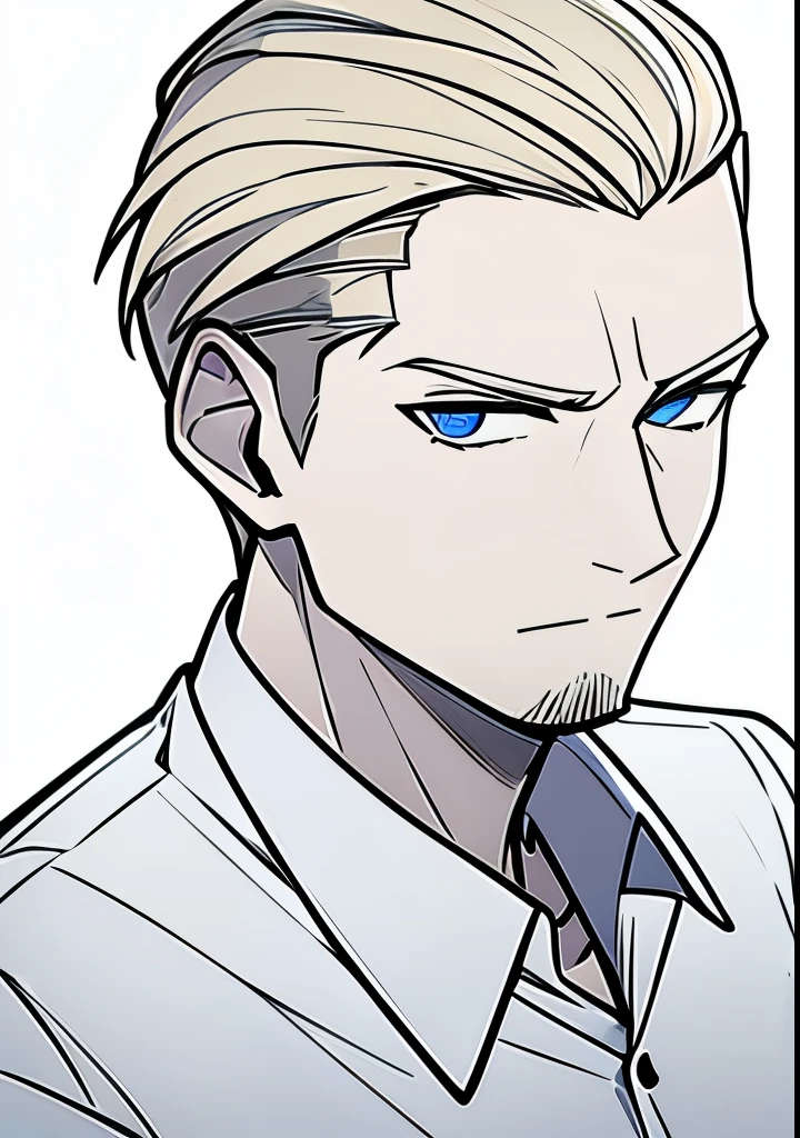 Young Adult male, white and tender skin, pale blonde slicked back combed short hair, kaiser mustache, ducktail beard, steel blue eyes, green and slightly mature, serious and emotionless facial expression, wearing white bottom long sleeve shirt with collar, portrait style, facing forwards