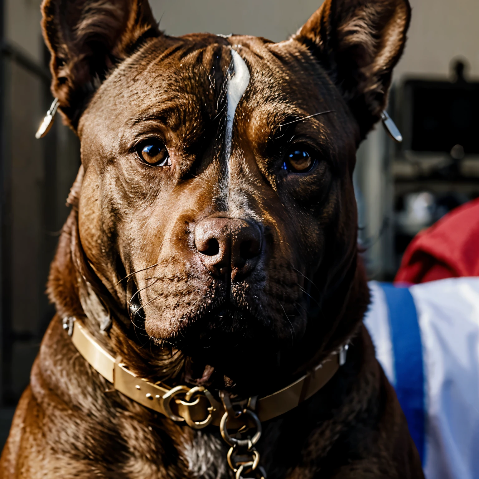 Large brown Barcino pitbull dog with metal collar