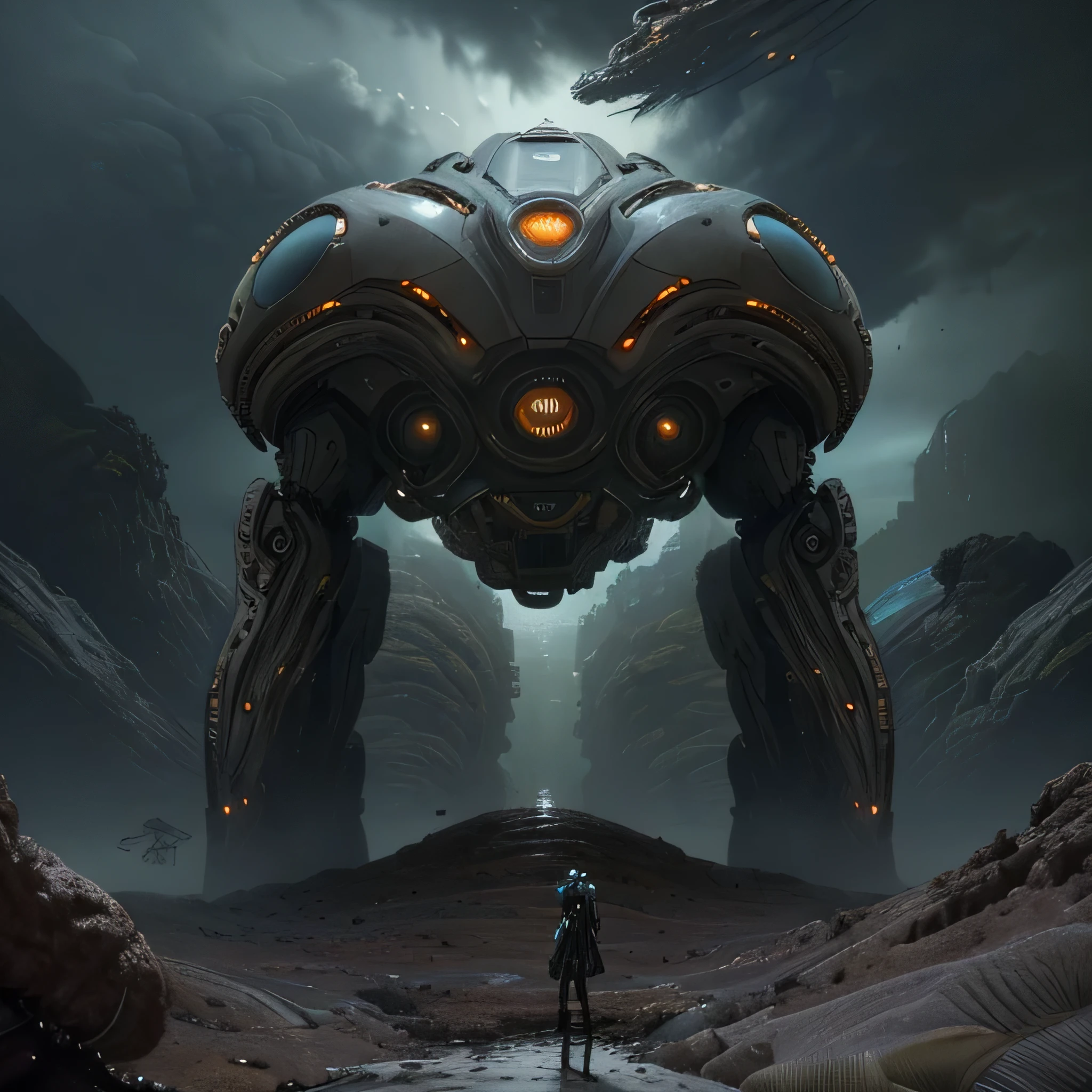 ((masterpiece, highest quality, Highest image quality, High resolution, photorealistic, Raw photo, 8K)), Ultra Wide Angle, Alien Landscap, A female stands next to an Alafedro robot on top of a hill, influenced by Stefan Koidl's background of discarded mechas. The art created by Craig Mullins, specifically in the style of Craig Mullins' Necro, portrays a detailed and futuristic science fiction scene. The emphasis is on SF concept art, It is being attacked by tentacled aliens, The overall lighting captures the essence of concept art in films,
INFO
