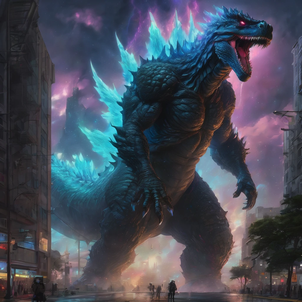 Godzilla, aesthetic, christzilla, epic scene, colors, holy, full body, galaxy, and, stars, atmosphere, unreal engine, pixar, video game, ethereal, insanely detailed, symmetrical, concept art, peter mohrbacher, charlie bowater, artstation, cinematic, video game, digital painting