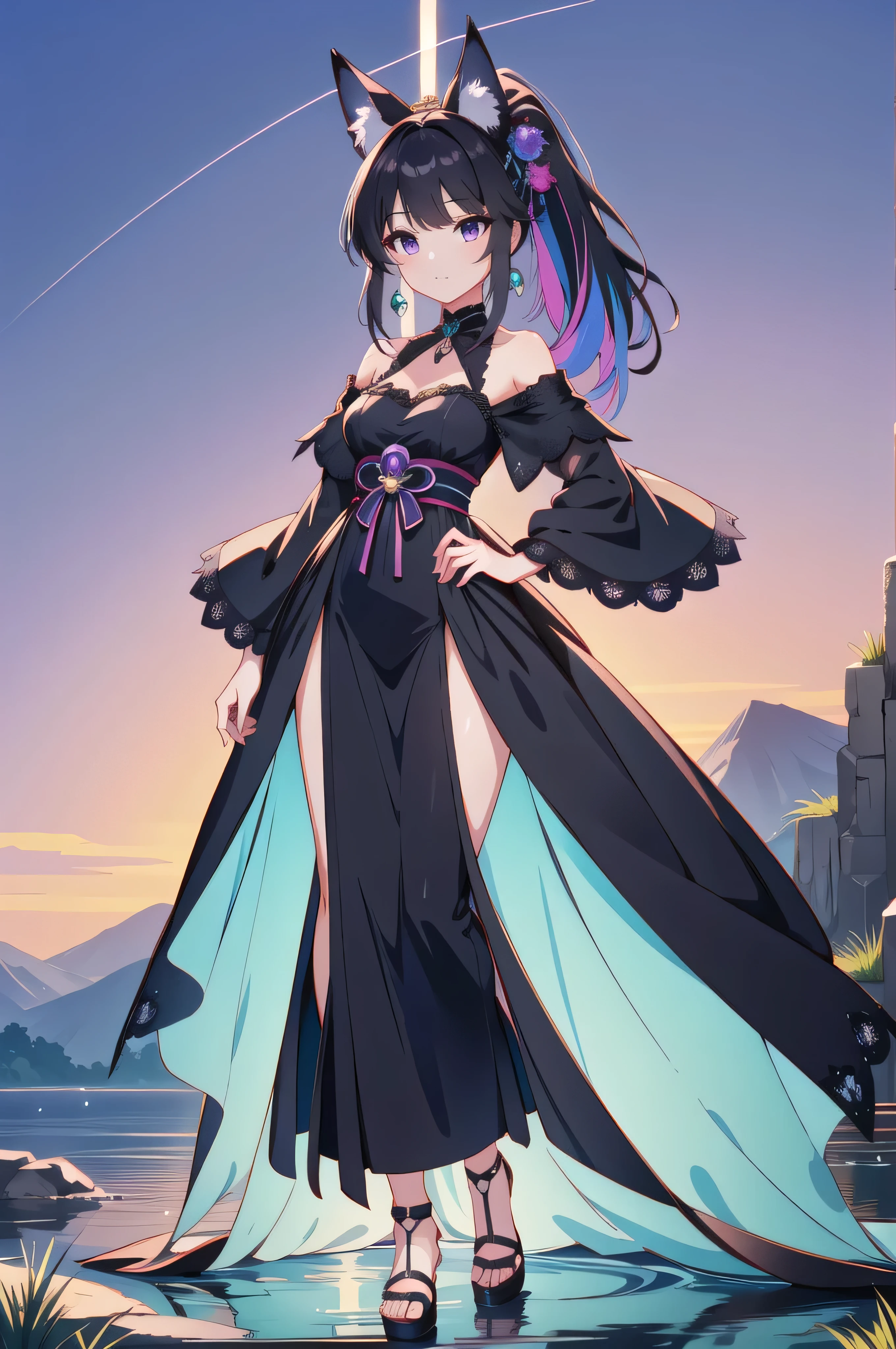 best quality, (masterpiece:1.2) detailed, A fox girl standing elegantly with a soft smile, she has black hair with ponytail, purple eye color, black fox ears, wears a green long dress, 8k wallpaper, ultra detailed, vibrant colors, perfect anime
