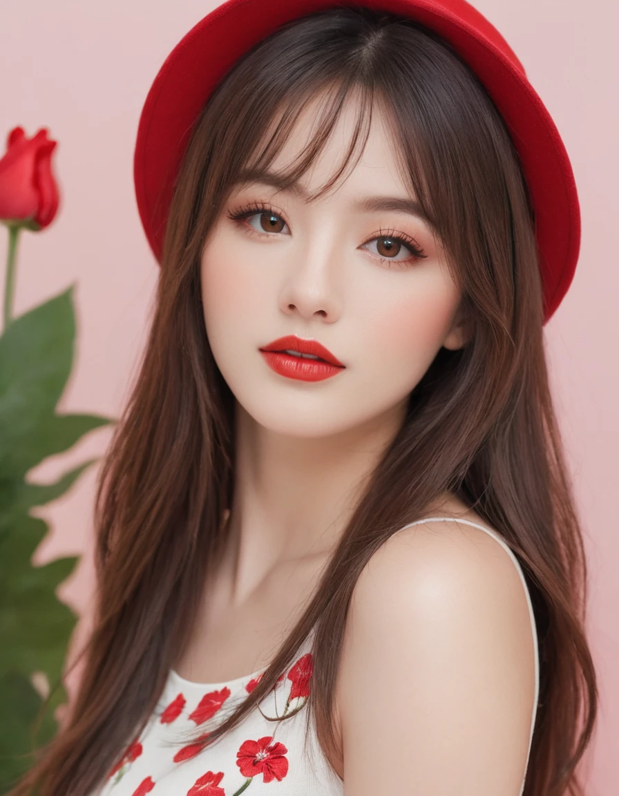 {"shot":"close-up","hair":{"type":"long","texture":"straight","color":"red"},"face":{"shape":"rounded","description":"beautiful face","eyes":{"color":"brown","description":"beautiful eyes","makeup":"eyeliner"},"nose":"big nose","mouth":{"description":"beautiful lips","state":"close mouth","color":"base ball   hat","pattern":"flower pattern"}}