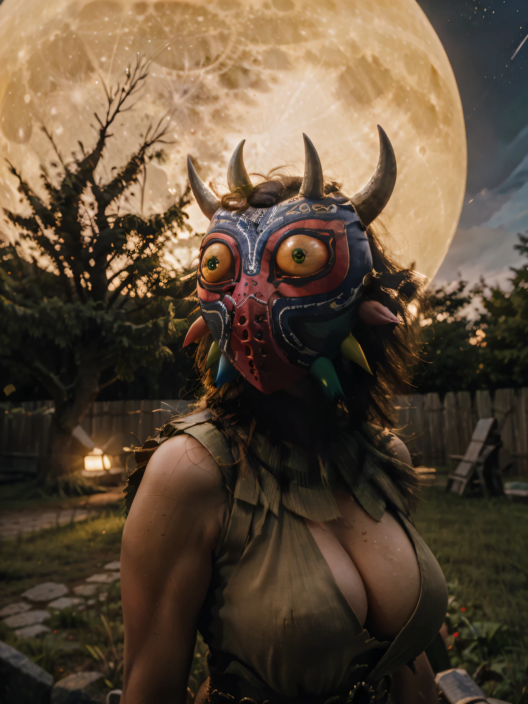 ((masterpiece,best quality)), absurdres,
Majora_Zelda, solo, 1woman, mask, horns, glowing eyes, cleavage
looking at viewer, (female focus), outdoors, sky, tree, no humans, night, moon, night sky, full moon, high saturation, detailed
