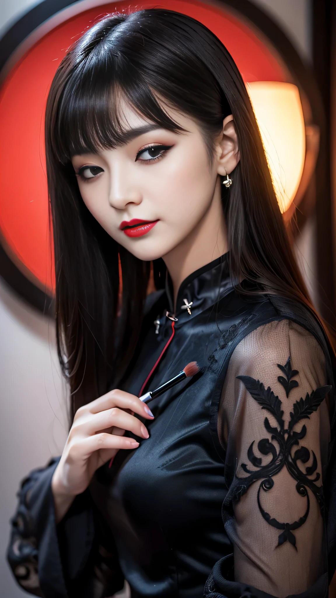 tra-detailed、Japanese、attractive beauty、seductive adult woman、pretty woman、piercing eyes、cool girl、wavy hair、swept bangs、Long Black Cheongsam、wide sleeves、Evil cadres、evil depravity、brainwash、mind control、lipstick、lip gloss、dark makeup、smirk、evil look、evil、hollow eyes,half-closed eyes、empty eyes、evil、night walk、vampire、succubus、vampire、makeup brush、Swear allegiance、stand