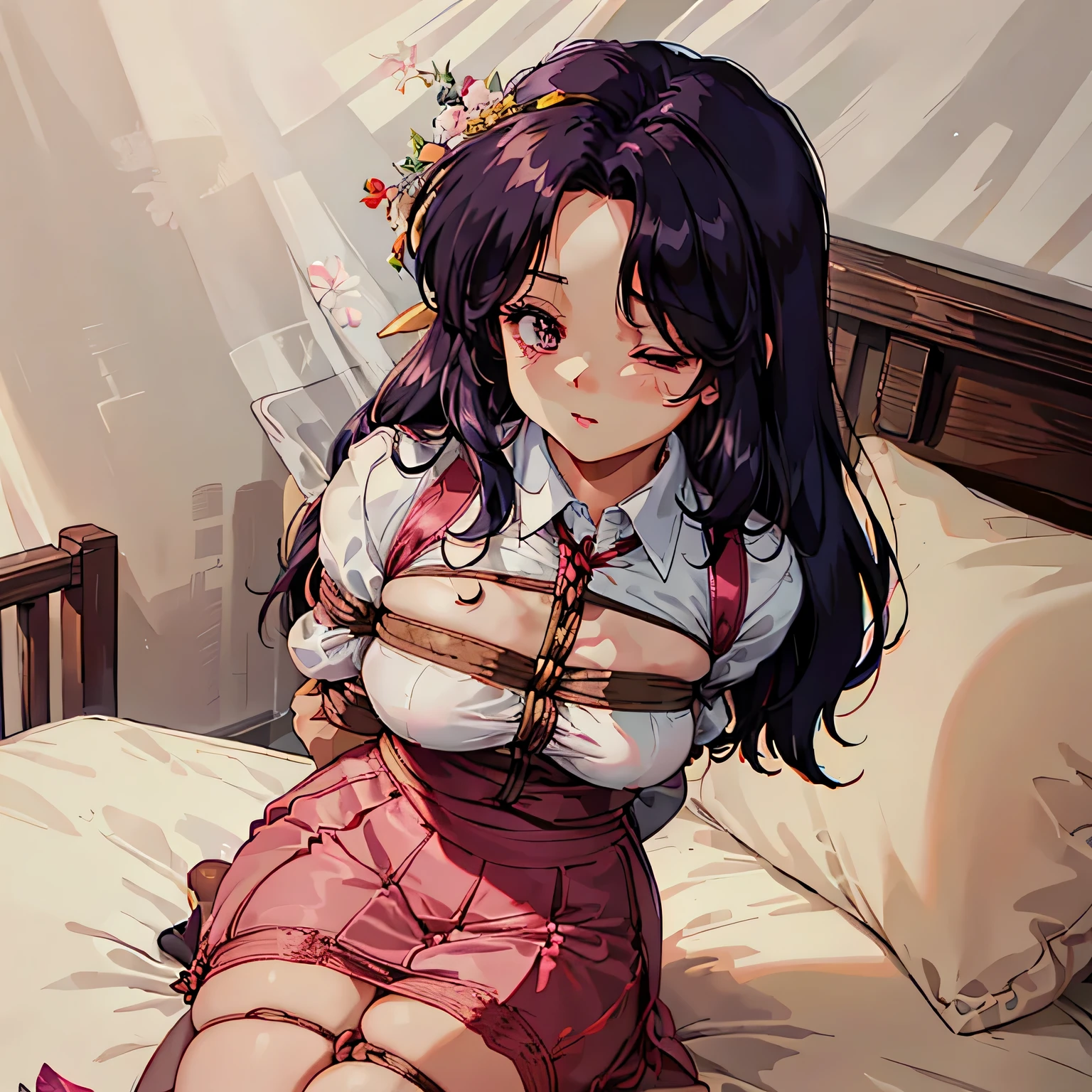 1girl,(bright lighting,romantic setting),dreamy background,,dark hair, mesmerizing gaze, , soft skin, alluring beauty, artistic portrait, high-quality image, vibrant colors,long pink floral sheer skirt, mosquito net, romantic bedroom, sidesuspension,solobound,blindfold,gag