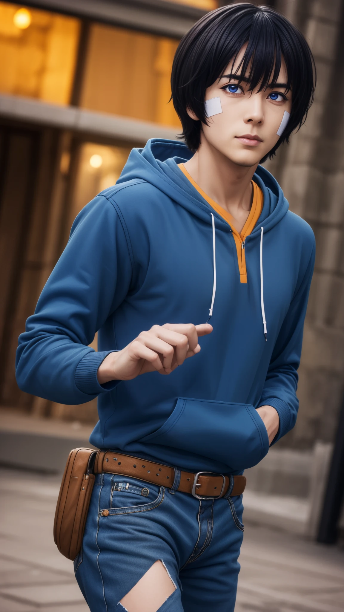 jinwoosung, jinwoo sung, blue eyes, black hair, hair between eyes, male focus,
BREAK hood, hoodie, bandages, hood down, bandaid, orange shirt, blue hoodie, bandage on face,
BREAK outdoors, city,
BREAK looking at viewer, (cowboy shot:1.5),
BREAK (masterpiece:1.2), best quality, high resolution, unity 8k wallpaper, (illustration:0.8), (beautiful detailed eyes:1.6), extremely detailed face, perfect lighting, extremely detailed CG, (perfect hands, perfect anatomy),