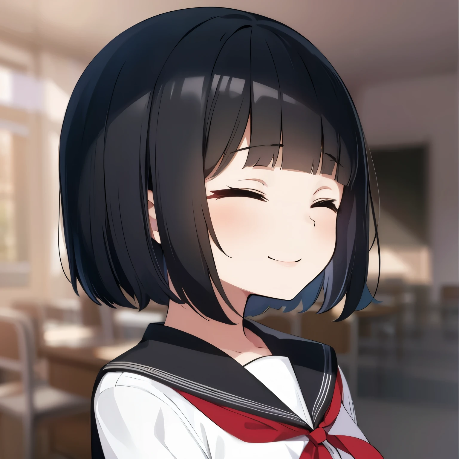 girl. . Japanese . dark short hair. closed eyes. smile. against the backdrop of the school room. School desks. green board.