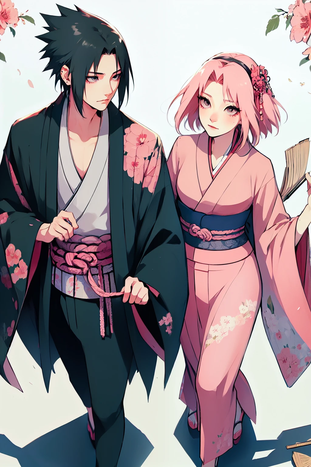 Sasusaku. Sasuke, the tall, handsome man with chiseled features, piercing black eyes, and black hair. He's wearing a kimono, he's a prince. The woman is sakura, equally stunning with soft features and delicate features, her hair is short and pink that falls elegantly around her face, adding to her romantic and dreamy appearance. She is wearing a kimono. The couple is in a ceremony at a temple. hands down.