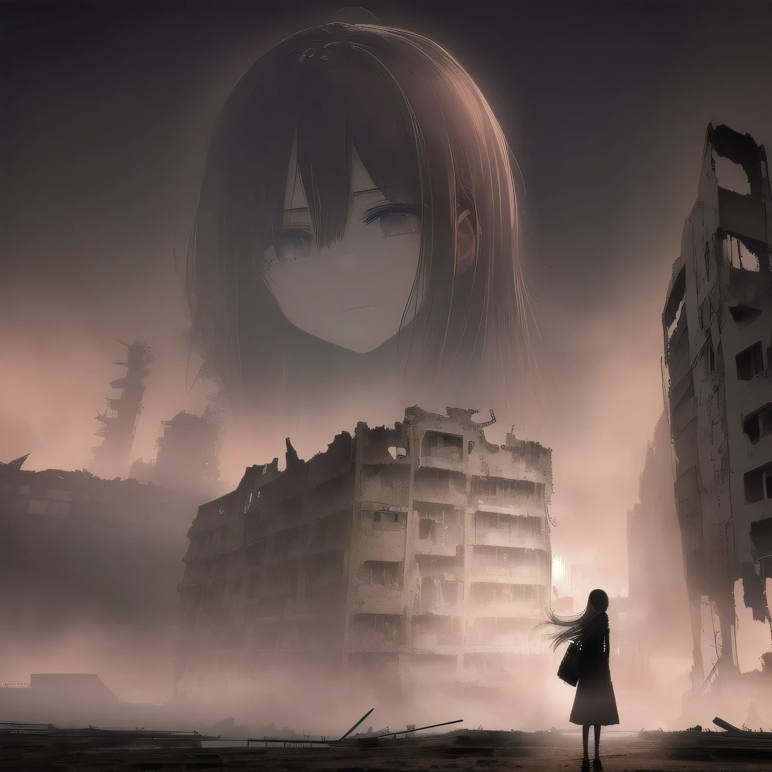 a beautiful silhouette of a girl with floating dust particles around her, standing fearlessly, panoramic view of a girl, (katana in sheath:0.9), (girl looking at the viewer with flawless sight:1.3), (zoom at the face:1.3), (focus at the face:1.3), behind her is a whirlwind, behind her is silent and atmospheric background filled with broken buildings and structures, (((ruins))), (foggy sky:1.3), (vibrant colors:1.7), (sharp focus:1.3), (cinematic lighting), (tornado in the background:1.3), (haze:1.3), ((conveying a sense of mystery and intensity)), forced witness, (horror theme:1.4), long hair, ((girl fits in the background:1.4 ))