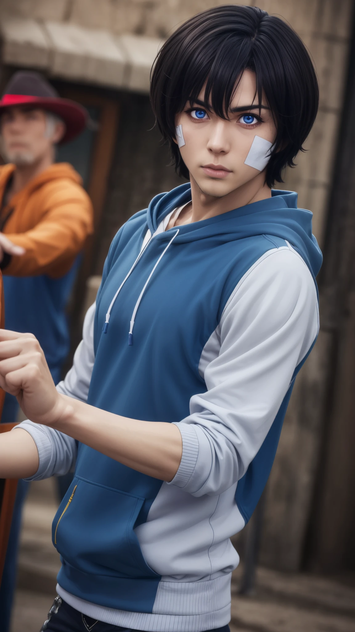 jinwoosung, jinwoo sung, blue eyes, black hair, hair between eyes, male focus,
BREAK hood, hoodie, bandages, hood down, bandaid, orange shirt, blue hoodie, bandage on face,
BREAK outdoors, city,
BREAK looking at viewer, (cowboy shot:1.5),
BREAK (masterpiece:1.2), best quality, high resolution, unity 8k wallpaper, (illustration:0.8), (beautiful detailed eyes:1.6), extremely detailed face, perfect lighting, extremely detailed CG, (perfect hands, perfect anatomy),