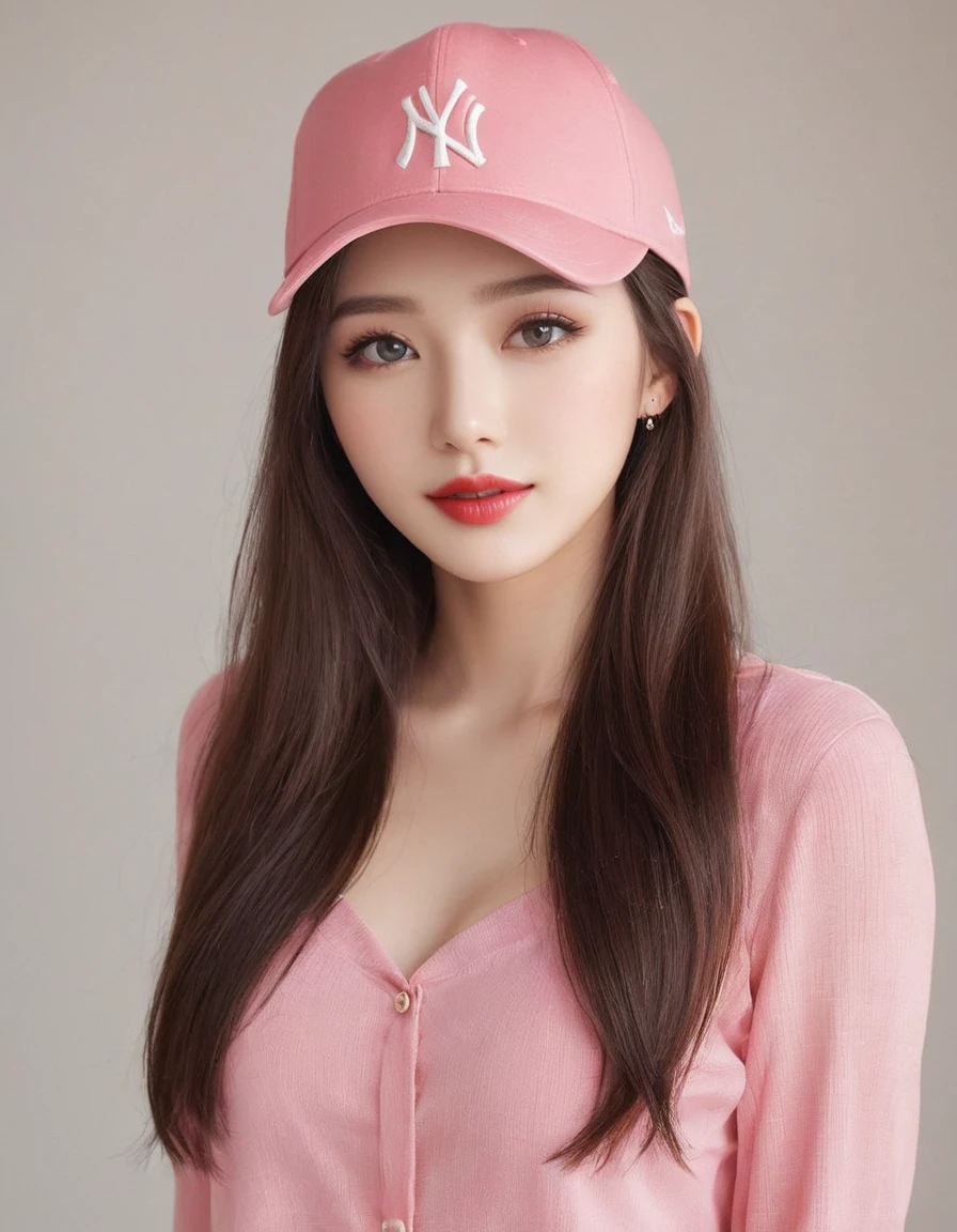 {
  "shot": "close-up",
  "hair": {
    "type": "long",
    "texture": "straight",
    "color": "red"
  },
  "face": {
    "shape": "rounded",
    "description": "beautiful face",
    "eyes": {
      "color": "blue softlens",
      "description": "beautiful eyes",
      "makeup": "eyeliner"
    },
    "nose": "big nose",
    "mouth": {
      "description": "beautiful lips",
      "state": {"close mouth","smile"}
      "color": "pink lips"
    }
  },
  "attire": {
    "headwear": "base ball hat"
  }
}