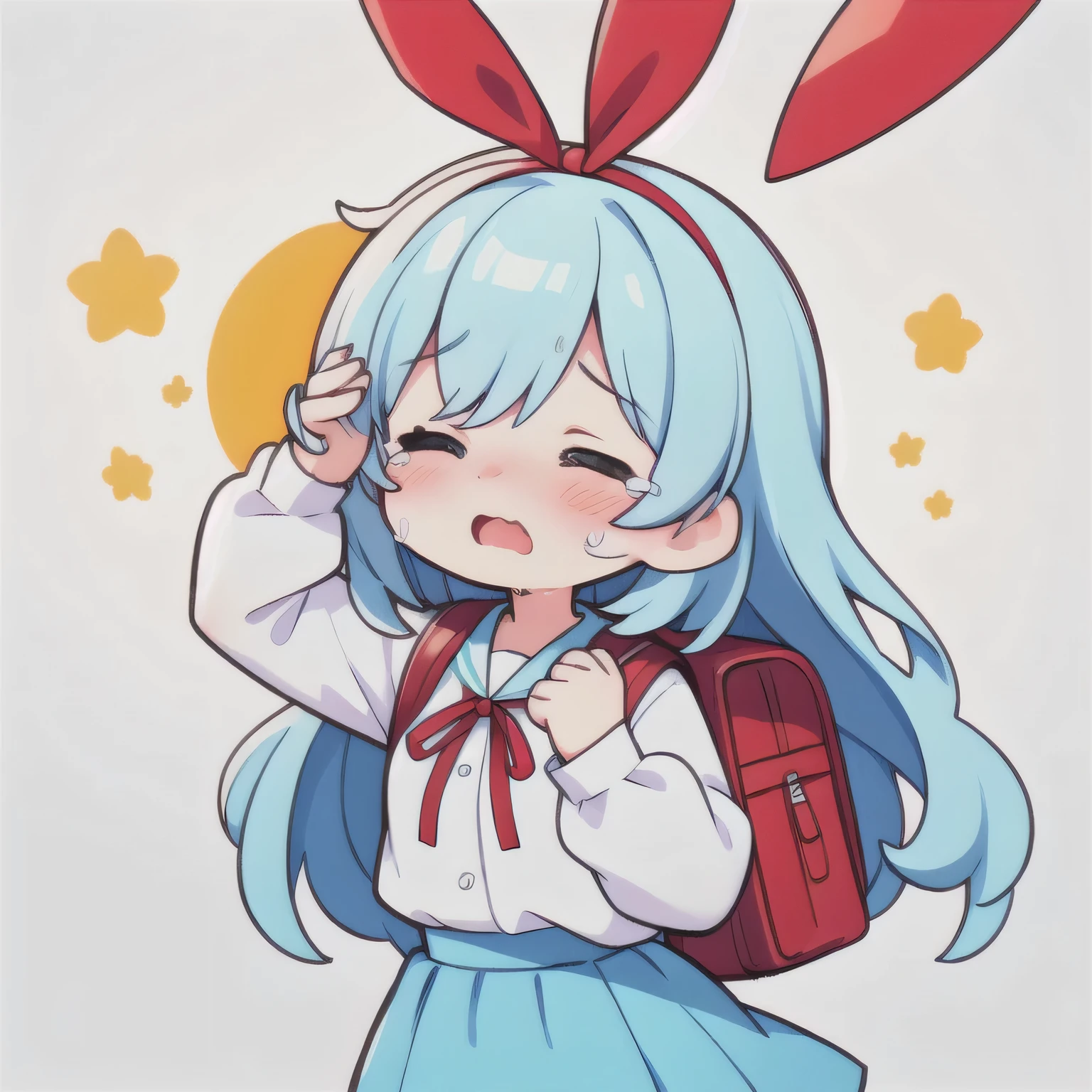 putting both hands on head, 1 girl, Big eyes, long eyelashes, crying face, close your eyes, white blouse,Light blue skirt, red ribbon, red school bag,light blue long hair,olive eyes