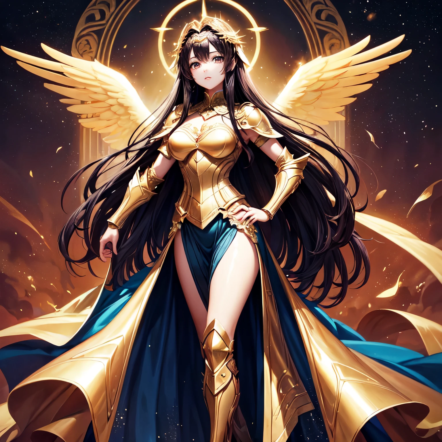 best quality, extremely beautiful, beautiful face, angel woman, two huge golden wing, revealing armor with open front skirt, very long dark hair