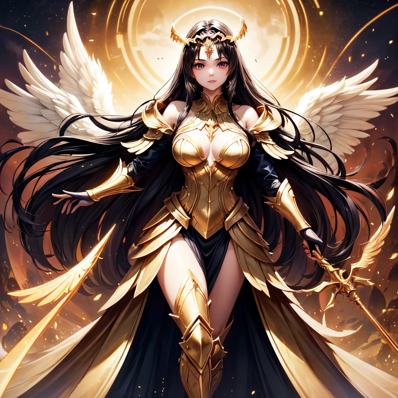 best quality, extremely beautiful, beautiful face, angel woman, two huge golden wing, revealing armor with open front skirt, very long dark hair