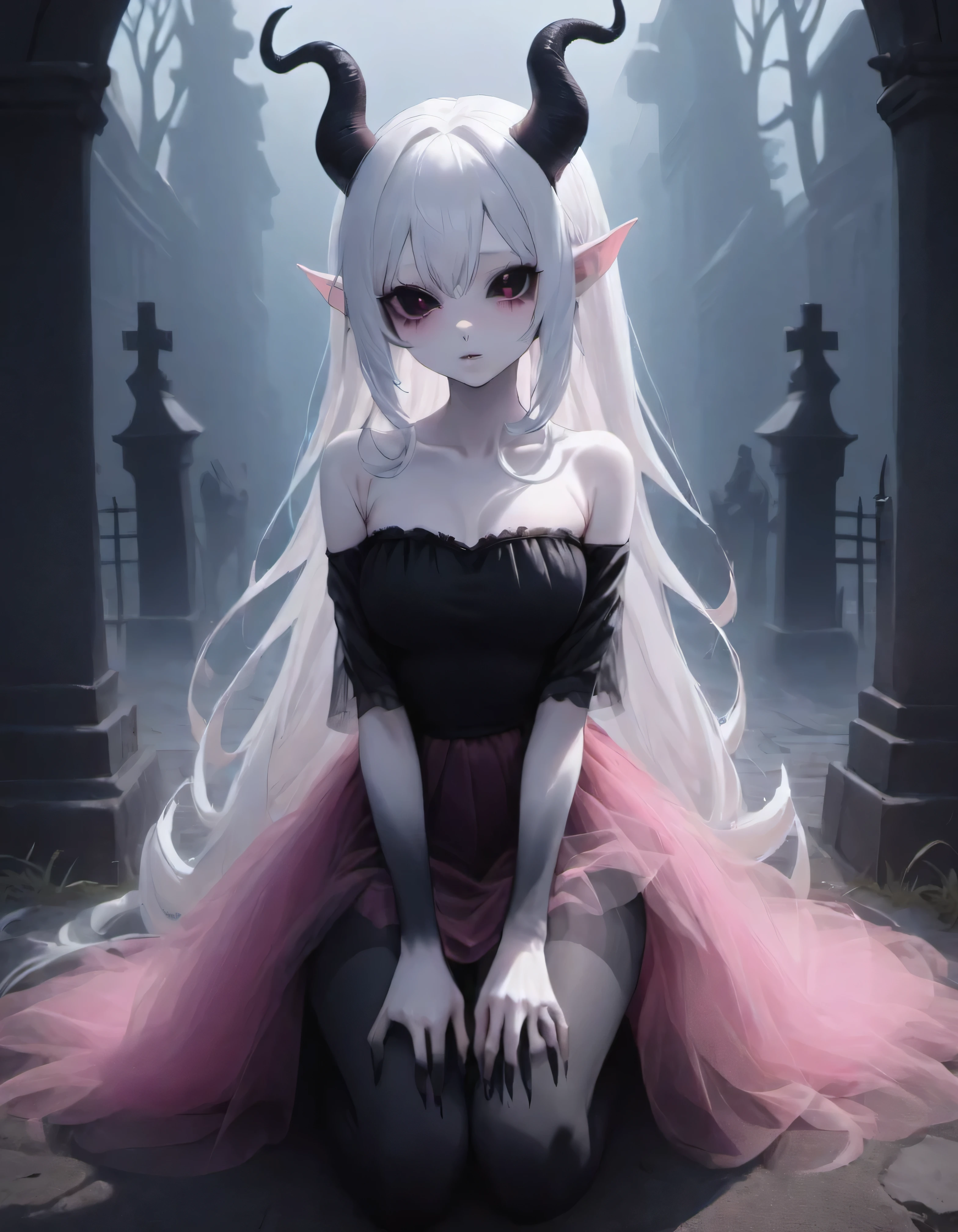 graveyard  , a very pale white skin demon girl with black horns, (pitch black eyes:1),( wearing off shoulder t-shirt, pink tulle skirt:1.3) , ( black gradient arms and legs:1.2) ,long white hair , well lit , very skinny, 