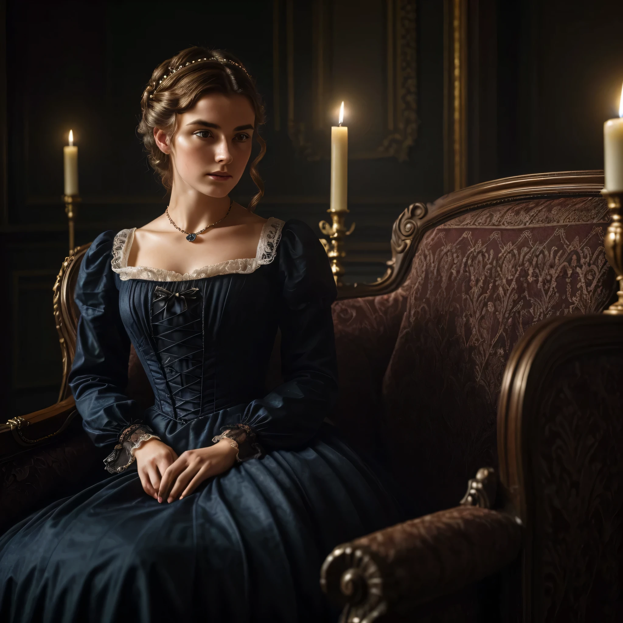 (Best quality:1.5), 8 k, high quality, realistic, detailed, (European appearance), young woman((appearance Dominic Davenport)),  ((At night)), sits in a large armchair,((in a dark room)), victorian era, Victorian style dress, beautiful facial features, candle in the foreground, Photorealistic style.