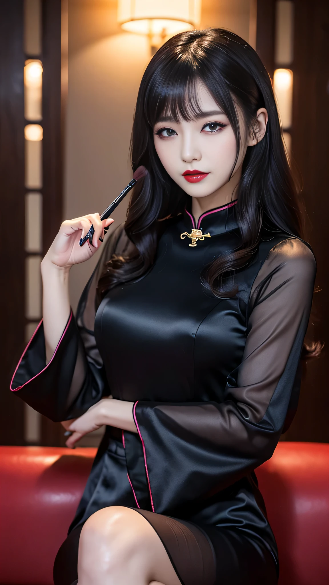 tra-detailed、Japanese、attractive beauty、seductive adult woman、pretty woman、piercing eyes、cool girl、wavy hair、swept bangs、Long Black Cheongsam、wide sleeves、Evil cadres、evil depravity、brainwash、mind control、lipstick、lip gloss、dark makeup、smirk、evil look、evil、hollow eyes,half-closed eyes、empty eyes、evil、night walk、vampire、succubus、vampire、makeup brush、Swear allegiance、stand