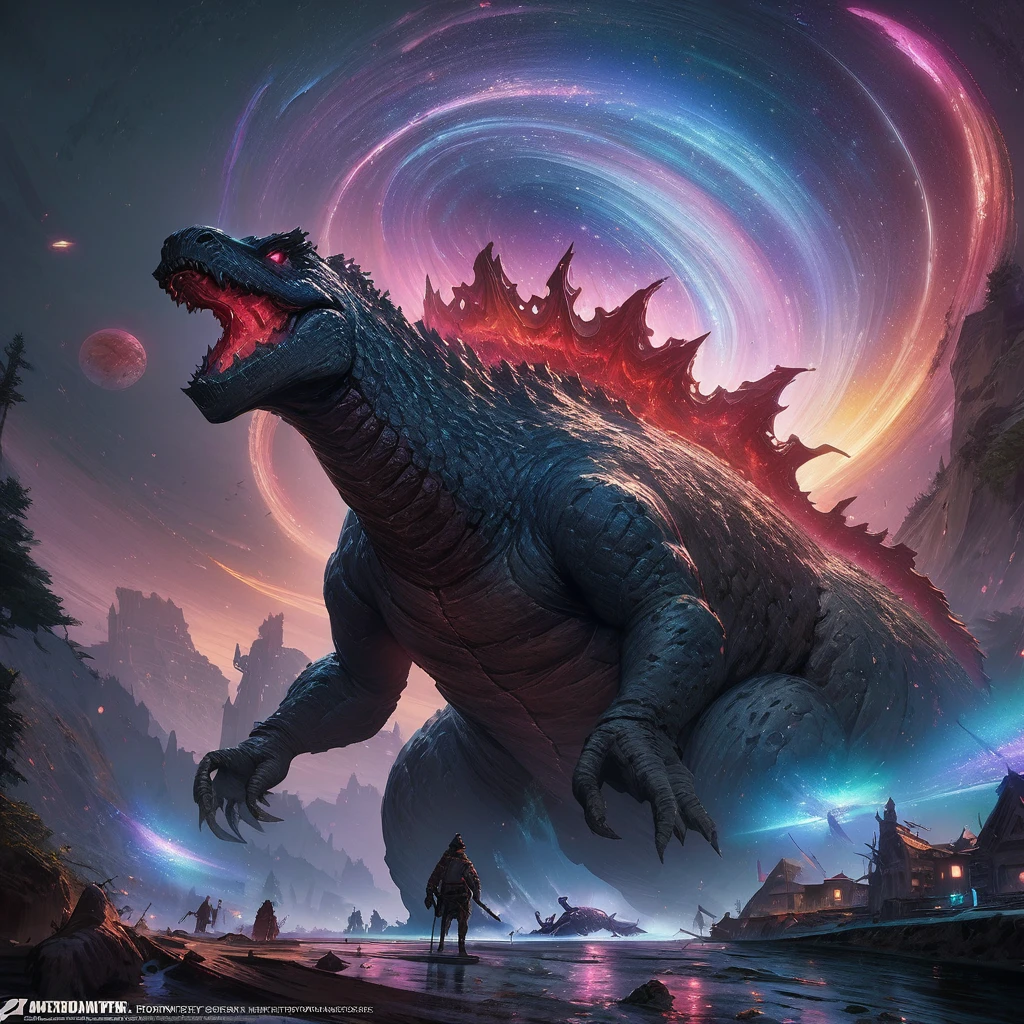 Godzilla, aesthetic, christzilla, epic scene, colors, holy, full body, galaxy, and, stars, atmosphere, unreal engine, pixar, video game, ethereal, insanely detailed, symmetrical, concept art, peter mohrbacher, charlie bowater, artstation, cinematic, video game, digital painting