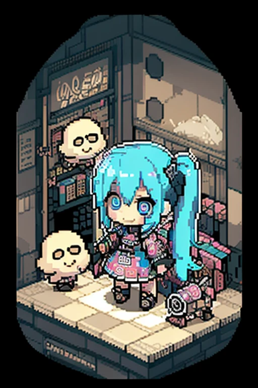 (pixel),(isometric view:1.4),#quality(8k,best quality, masterpiece),solo, #1girl(cute, kawaii,,smile,hair floating,hair color cosmic,pigtail hair,zombie skin,ghost skin ,skin color blue,pale skin,eye color cosmic,eyes shining,big eyes,damaged clothes,heavy metal costume,smirk),#background(simple)