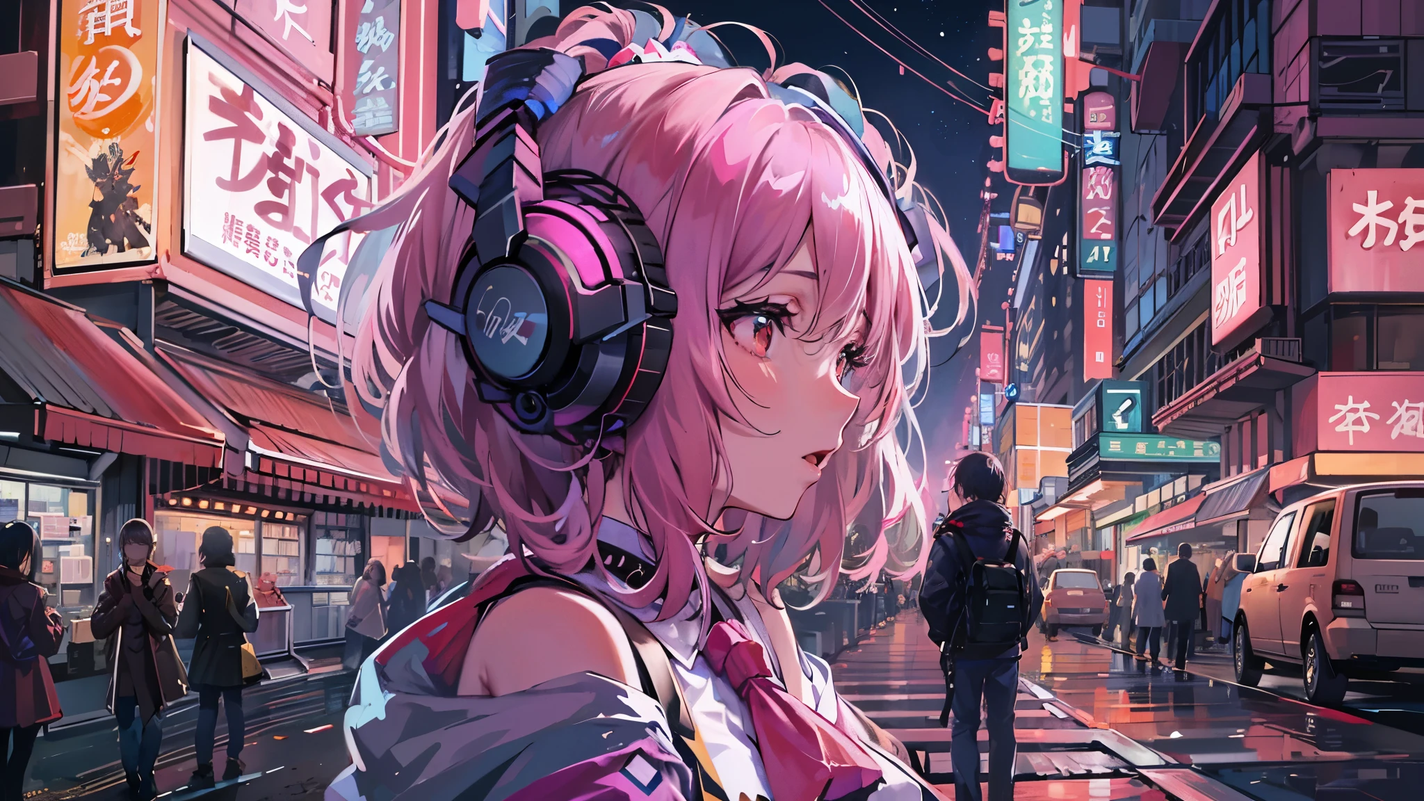 masterpiece,Anime-style illustration showing a young woman in her 20s wearing a futuristic plunging outfit, facing right, Stand in the middle of the street in a cyberpunk nightlife district. sheはピンクがかった黒髪の長い髪を持っています、Wearing pink glowing headphones. big breasts、she&#39;You are still looking up at the starry sky, but、sheの視線と体はフレームの右側を向いています. The scene should be lively., Reflects a cyberpunk aesthetic, ネオンと未来的な建物がsheを取り囲んでいます. The hustle and bustle of the city continues, but、sheは&#39;Peace amidst chaos, Immerse yourself in the sights and sounds of the night. In the image、Must capture the calm sky above and the vibrant urban environment。, sheの新しい方向性を強調する.
