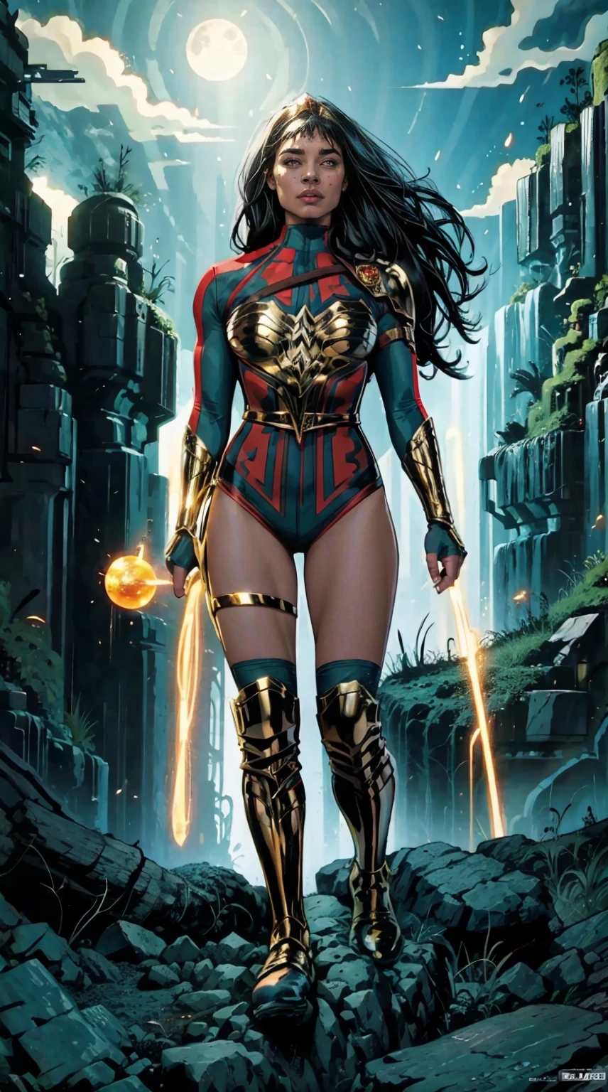 ((Full body photo,standing, feet on the ground)) Wonder Woman Death Metal, crown on your head, blue long ankle boots, stands imposing in a gothic lost city. Moonlight highlights your muscles and scars. The scenery is lush and mysterious, with futuristic tech and surroundings. The camera details everything, a warrior woman, in front of him.
