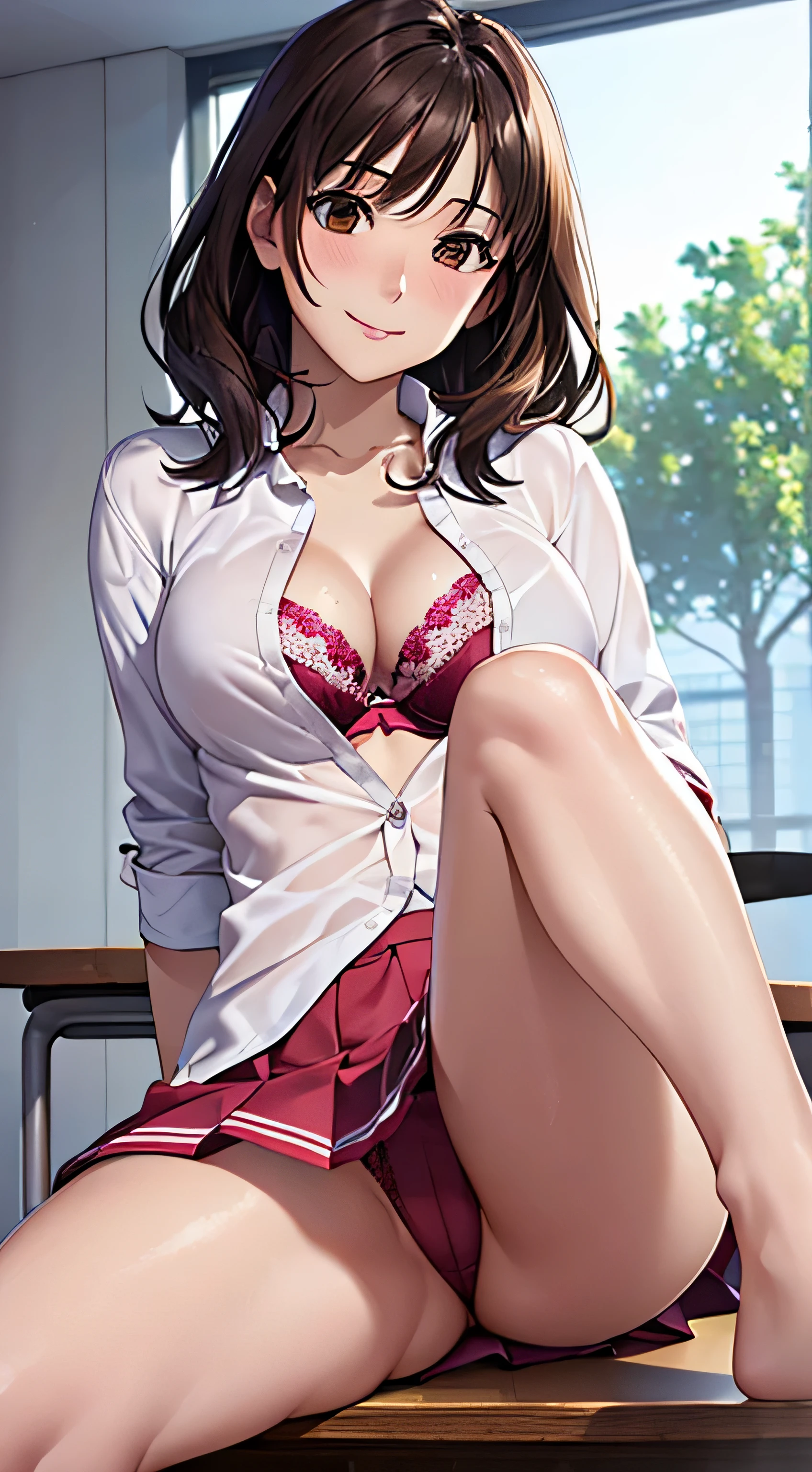 ((table top, highest quality, High resolution, nffsw, perfect pixel, 4k, nffsw, nffsw))), 1 girl, single, alone, beautiful woman、I could see the whole body、 ((middle wave hair, bangs, brown hair)), ((brown eyes, beautiful eyelashes, realistic eyes)), ((detailed face, blush:1.2)), ((smooth texture:0.75, realistic texture:0.65, realistic:1.1, Anime CG style)), medium breasts, dynamic angle, perfect body, ((white shirt, unbuttoned shirt、High pleated skirt)), classroom without people、sit at desk、lower'I took my foot off the desk..................................................................、evening、、、Kamimei、Provocative Pose、Very embarrassing panic smile、(open your legs、open your knees wide、cute pink floral lace panties)、、(pink lace bra)、angle from below