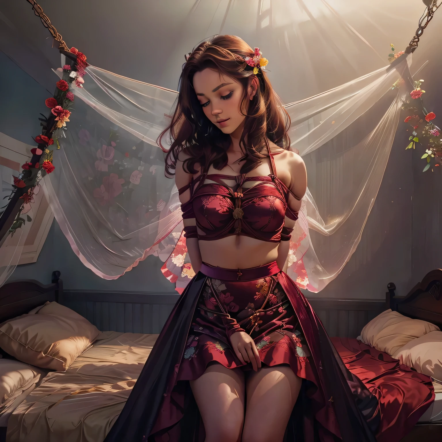 1girl,(bright lighting,romantic setting),dreamy background,,dark hair, mesmerizing gaze, , soft skin, alluring beauty, artistic portrait, high-quality image, vibrant colors,long red floral satin skirt, mosquito net, romantic bedroom, sidesuspension,solobound,veil,barefoot