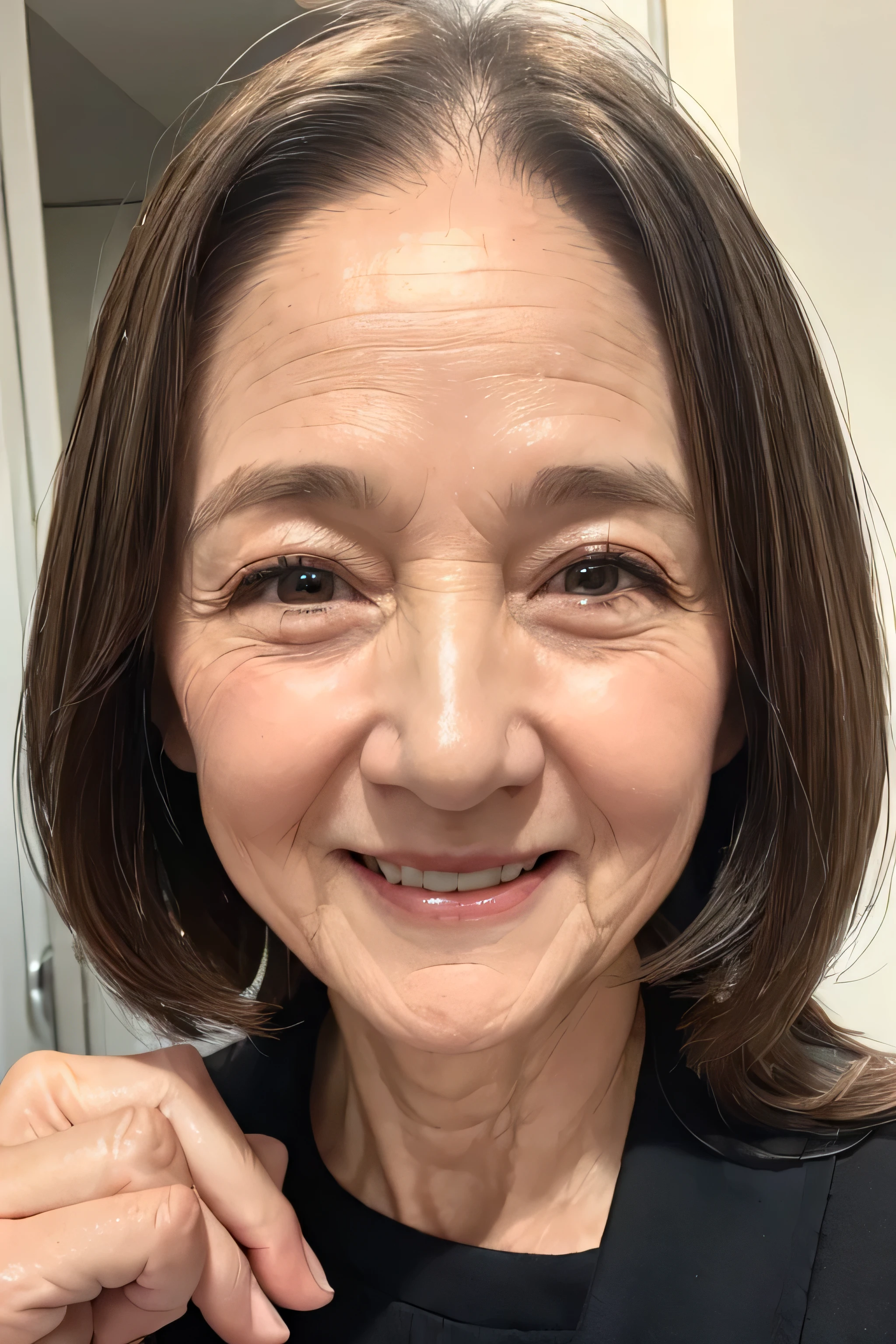 (Masterpiece:1.4),(67-year-old woman:1.4),(Wrinkles on the face1.2),smile,long wave hair,lingerie