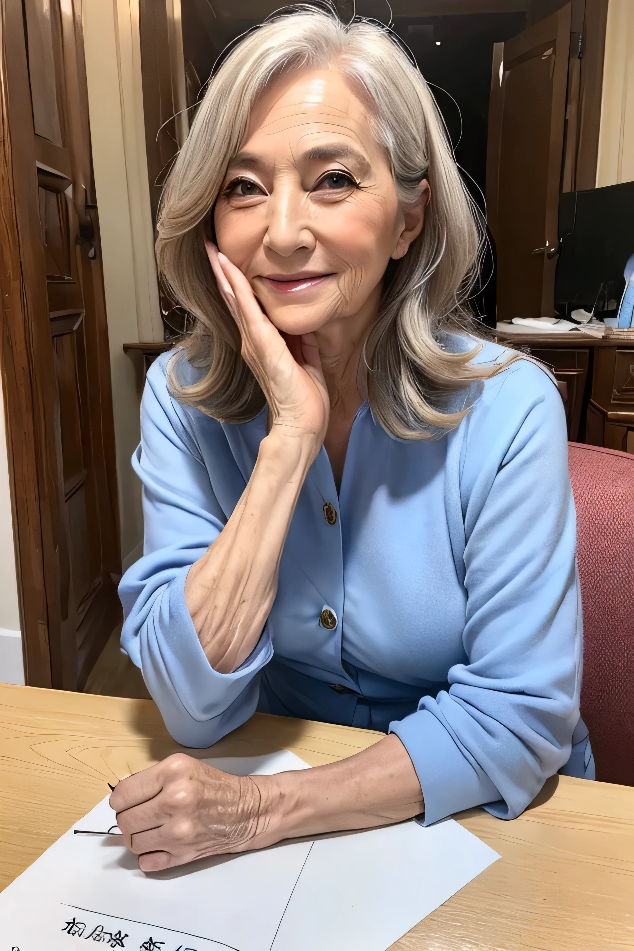 (Masterpiece:1.4),(67-year-old woman:1.4),(Wrinkles on the face1.2),smile,long wave hair,
