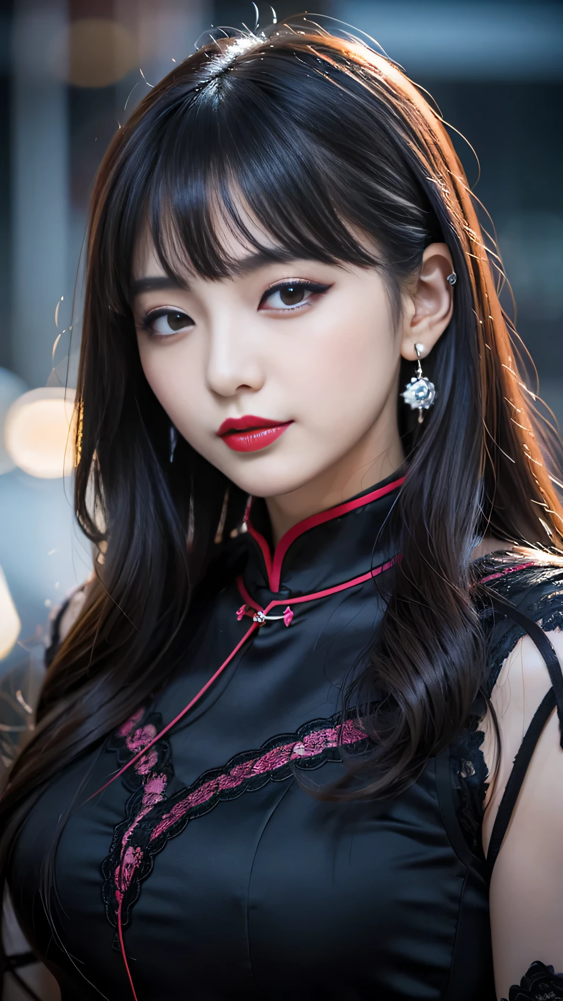 tra-detailed、Japanese、attractive beauty、seductive adult woman、pretty woman、piercing eyes、cool girl、wavy hair、swept bangs、Long Black Cheongsam、wide sleeves、Evil cadres、evil depravity、brainwash、mind control、lipstick、lip gloss、dark makeup、smirk、evil look、evil、hollow eyes,half-closed eyes、empty eyes、evil、night walk、vampire、succubus、vampire、makeup brush、Swear allegiance、stand
