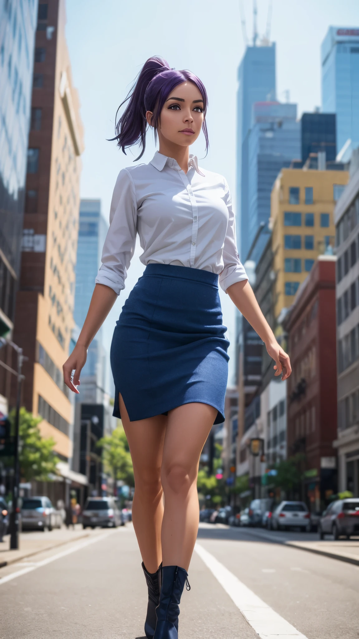 photorealistic, (4k), depth of field, (Masterpiece), (realistic skin texture), extremely detailed, intricate, hyper detailed, professional photography, bokeh, high resolution, sharp detail, best quality, girl, purple hair, ponytail, purple eyes, blue , skirt, nice hands, perfect hands, twisted torso, dynamic pose, modern city, skyscraper, walking down the street, sunlight, daytime, reflections,