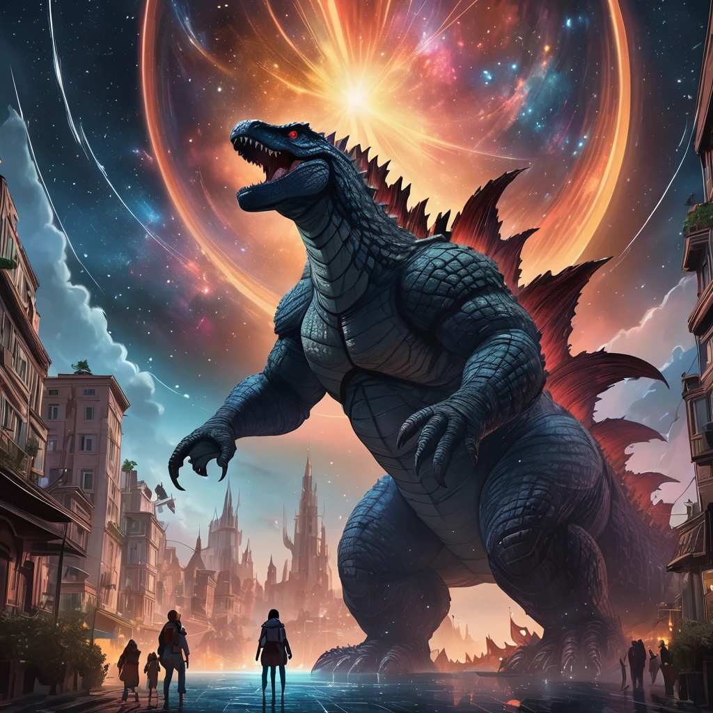 Godzilla, aesthetic, christzilla, epic scene, colors, holy, full body, galaxy, and, stars, atmosphere, unreal engine, pixar, video game, ethereal, insanely detailed, symmetrical, concept art, peter mohrbacher, charlie bowater, artstation, cinematic, video game, digital painting