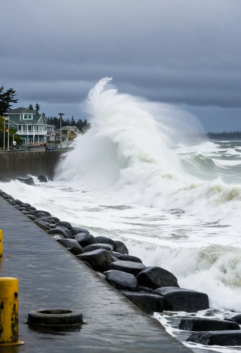High waves bouncing off the seawall, terrifying waves, and wind and rain,