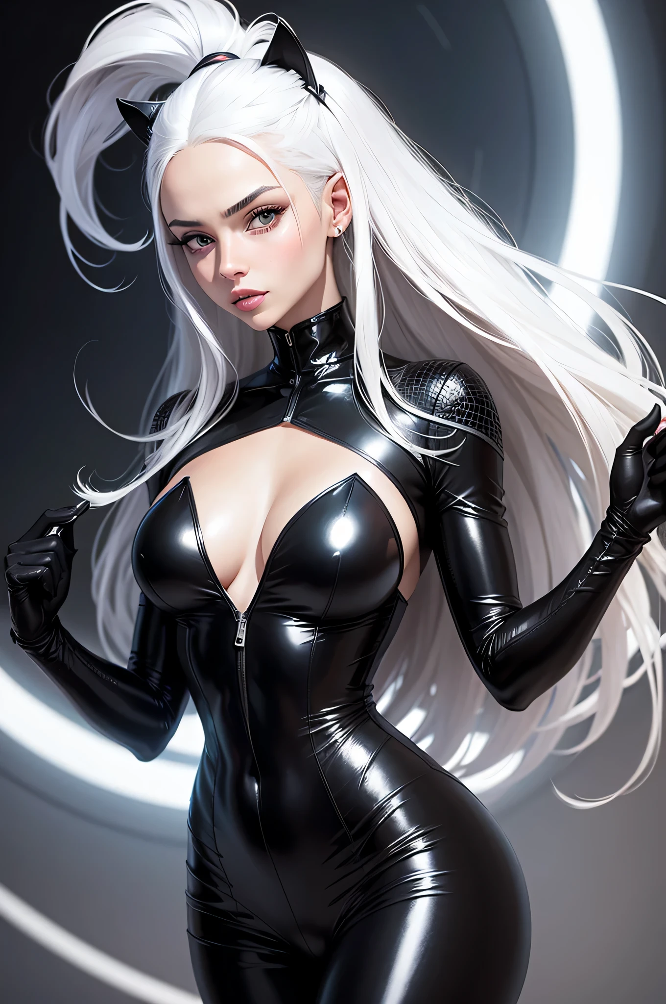 beautiful woman (1 woman) with white hair, wearing a black latex outfit, black cat style (felicia hardy) marvel comics