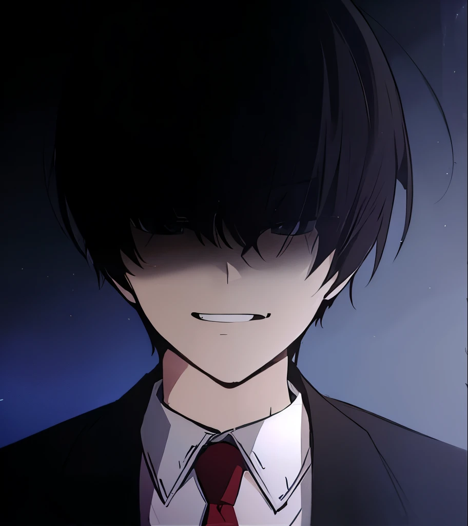 man. dark brown hair. arrogant smile. blazer. white shirt with tie. eyes hidden in the shadows. 