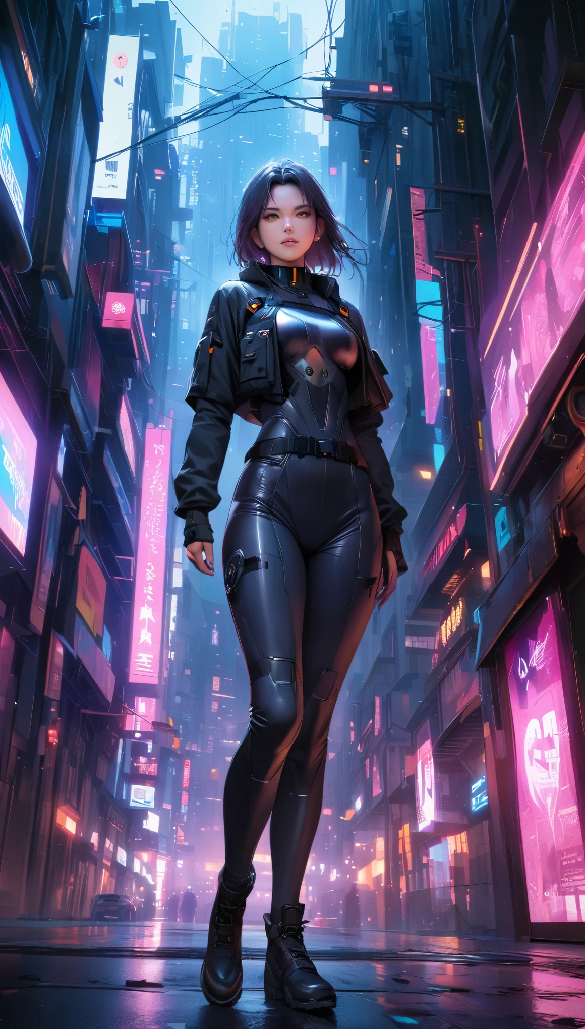 (best quality,highres,ultra-detailed,realistic:1.37), (full body shot:1.1), (low angle shot:1.1), (ohwx woman), Anna Sawai as Motoko Kusanagi from Ghost in the Shell, wearing a futuristic optical and tactical outfit,, Motoko stands tall and confident, her face adorned with augmented reality features,The background is urban and futuristic, with towering skyscrapers and neon lights casting a vibrant glow. The lighting is atmospheric, emphasizing the shadows and highlighting the metallic details of the outfit. The overall color tone is cool, with a slight blue tint, giving the scene a futuristic and cyberpunk ambiance.