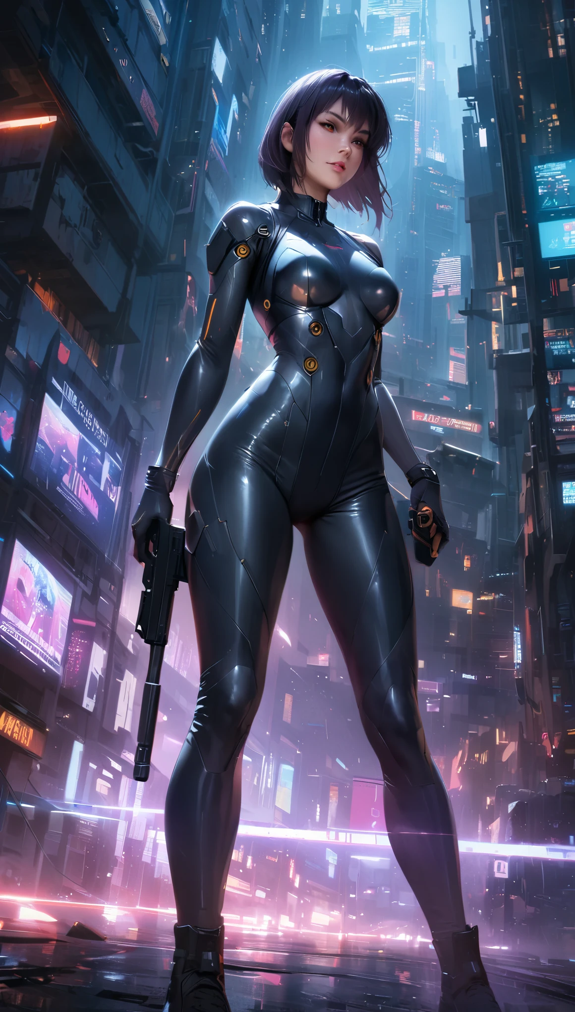 (best quality,highres,ultra-detailed,realistic:1.37), (full body shot:1.1), (low angle shot:1.1), (ohwx woman), Anna Sawai as Motoko Kusanagi from Ghost in the Shell, wearing a futuristic optical suit,, Motoko stand in dynamic action pose with gun in hand, tall and confident, her face adorned with augmented reality features,The background is urban and futuristic, with towering skyscrapers and neon lights casting a vibrant glow. The lighting is atmospheric, emphasizing the shadows and highlighting the metallic details of the outfit. The overall color tone is cool, with a slight blue tint, giving the scene a futuristic and cyberpunk ambiance.