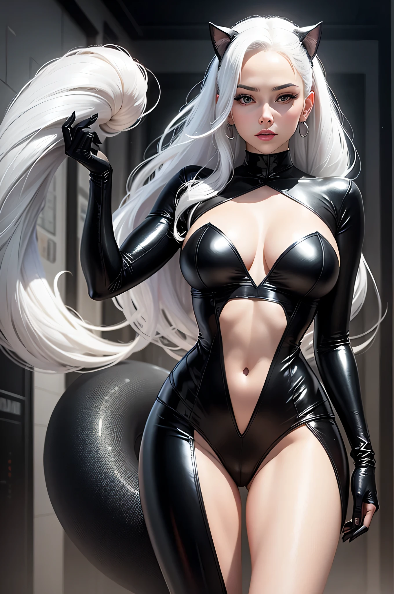 beautiful woman (1 woman) with white hair, wearing a black latex outfit, black cat style (felicia hardy) marvel comics
