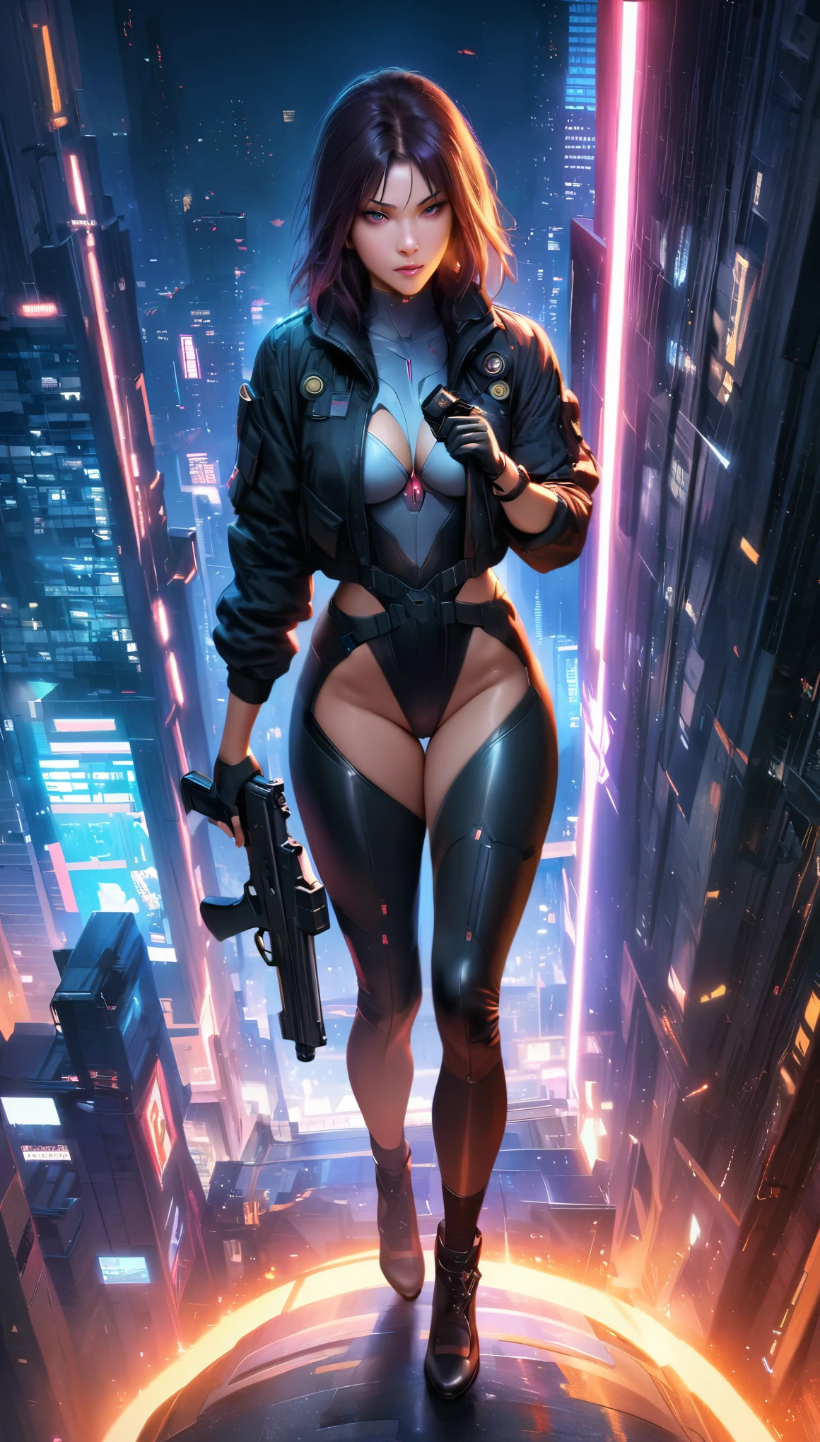 (best quality,highres,ultra-detailed,realistic:1.37), (full body shot:1.1), (high angle shot:1.1), (ohwx woman), Anna Sawai as Motoko Kusanagi from Ghost in the Shell, Motoko stand on the roof edge of skyscraper in dynamic action pose with gun in hand, tall and confident, her face adorned with augmented reality features,The background is urban and futuristic, with towering skyscrapers and neon lights casting a vibrant glow. The lighting is atmospheric, emphasizing the shadows and highlighting the metallic details of the outfit. The overall color tone is cool, with a slight blue tint, giving the scene a futuristic and cyberpunk ambiance, full body shot, leotard, jacket, tactical suit
