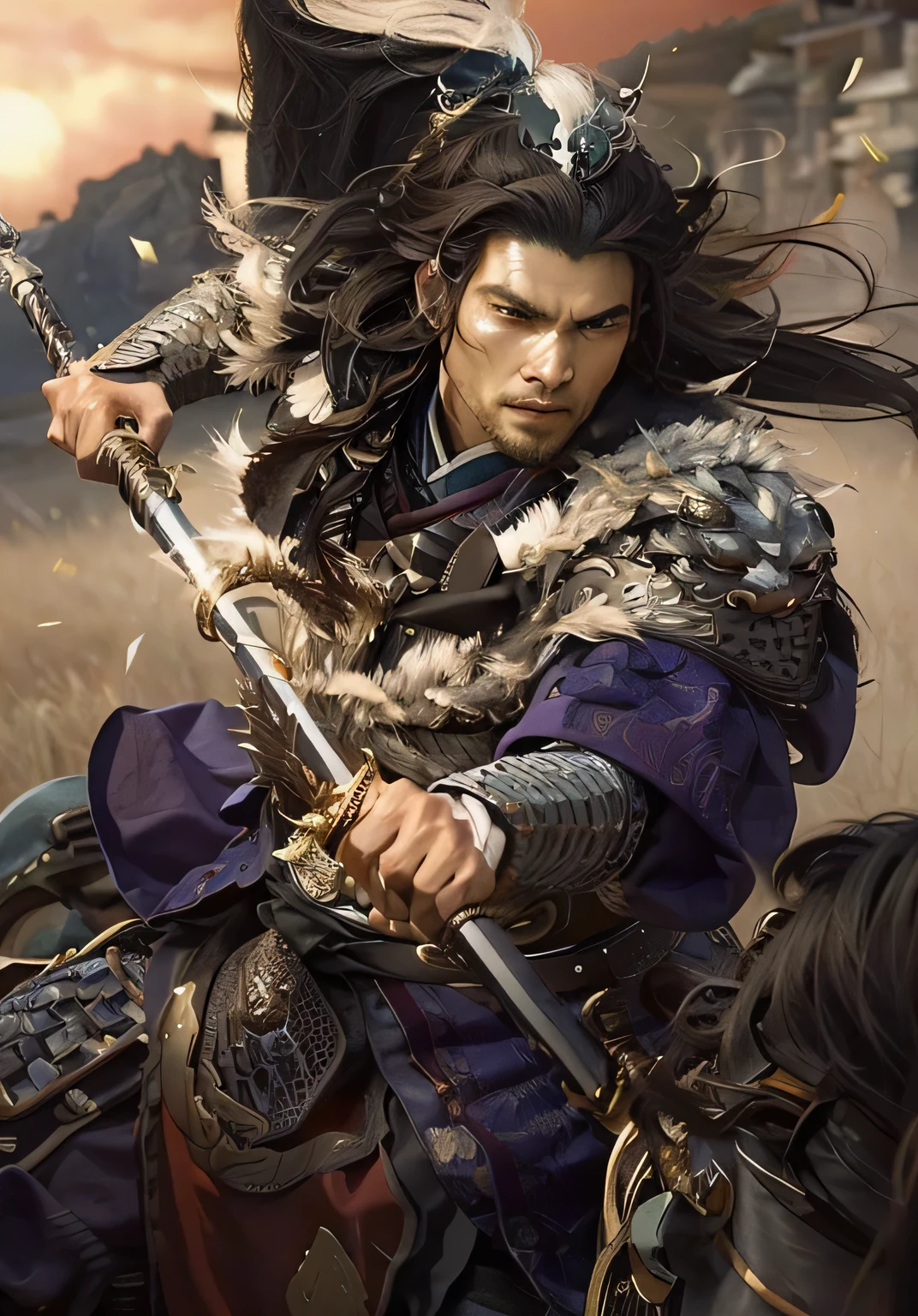 a man riding a horse,Image of Arafud holding sword, author:Yang Jie, zhao yun, bian lian, heise jinyao, g liulian art style, author:Yang Borun, inspired by Guan Daosheng, Yang Qi, by Qu Leilei, Inspired by Huang Shen, by Zhou Fang, xianxia hero, by Liang Kai