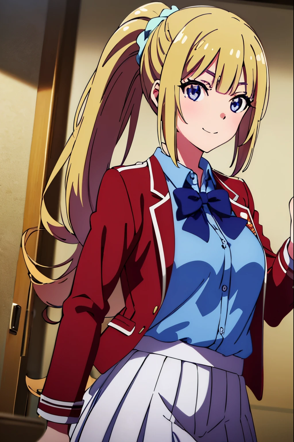 KeiKaruizawa, Kei karuizawa, long hair, bangs, blunt bangs, (purple eyes:1.1), blonde hair, shirt, hair ornaments, ponytail, Scrunchie, blue Scrunchie, smile,
break skirt, shirt, bow, , Jacket, (red Jacket:1.2), white pleated skirt, bowtie, sweater, (blue bow:1.2), (blue shirt:1.2),
break indoors, classroom,
break looking at viewer, (cowboy shot:1.5),
break (masterpiece:1.2), highest quality, High resolution, unity 8k wallpaper, (figure:0.8), (detailed and beautiful eyes:1.6), highly detailed face, perfect lighting, Very detailed CG, (perfect hands, perfect anatomy),