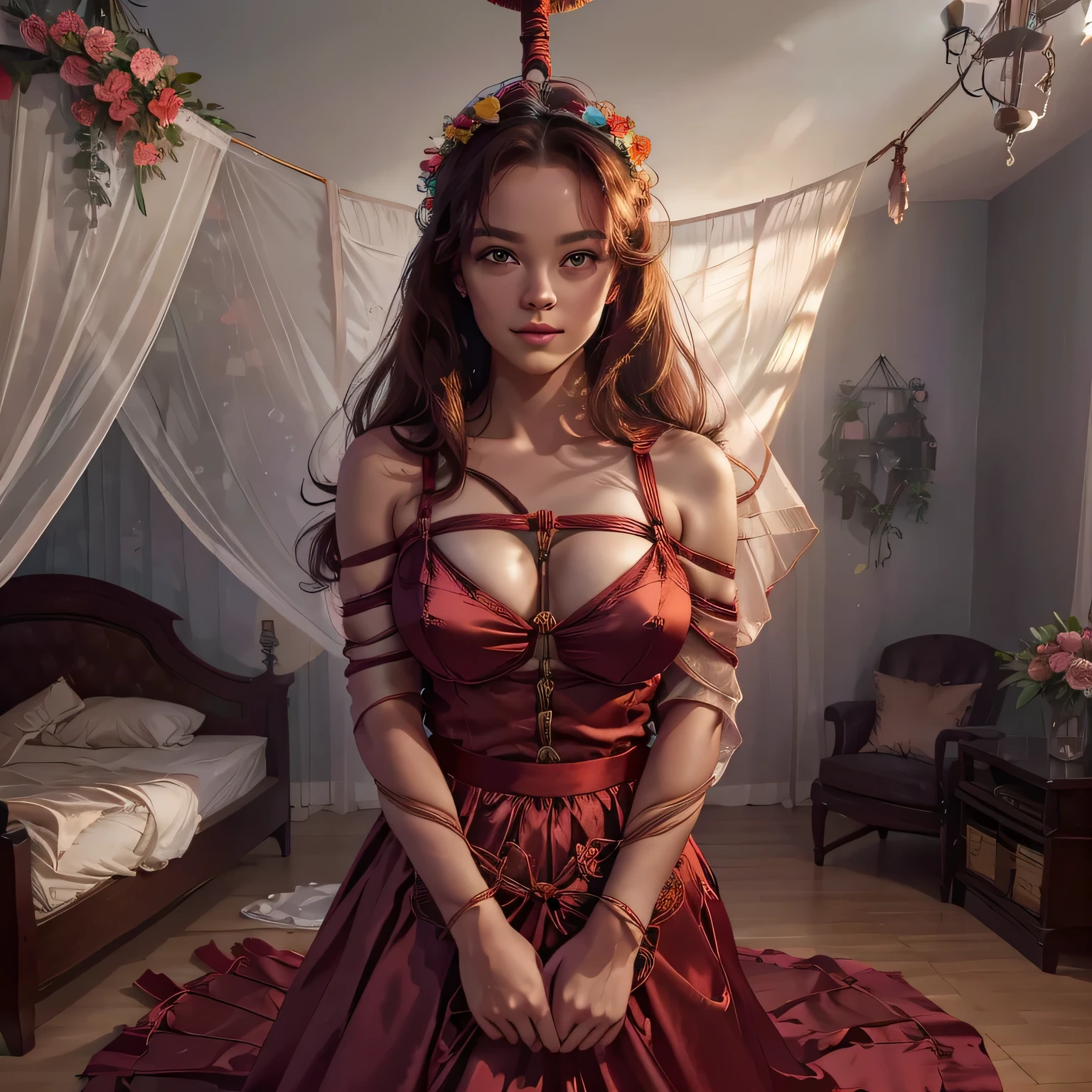 1girl,(bright lighting,romantic setting),dreamy background,,dark hair, mesmerizing gaze, , soft skin, alluring beauty, artistic portrait, high-quality image, vibrant colors,long red floral satin skirt, mosquito net, romantic bedroom, sidesuspension,solobound,veil,barefoot