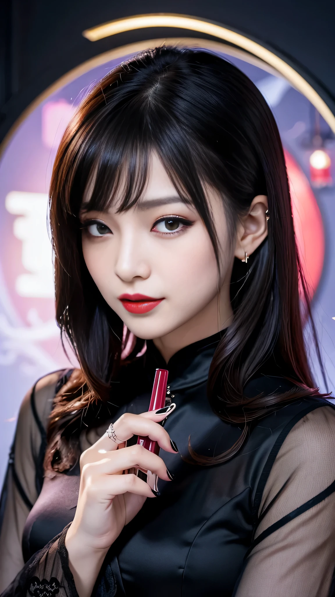 tra-detailed、Japanese、attractive beauty、seductive adult woman、pretty woman、piercing eyes、cool girl、wavy hair、swept bangs、Long Black Cheongsam、wide sleeves、Evil cadres、evil depravity、brainwash、mind control、lipstick、lip gloss、dark makeup、smirk、evil look、evil、hollow eyes,half-closed eyes、empty eyes、evil、night walk、vampire、succubus、vampire、makeup brush、Swear allegiance、stand
