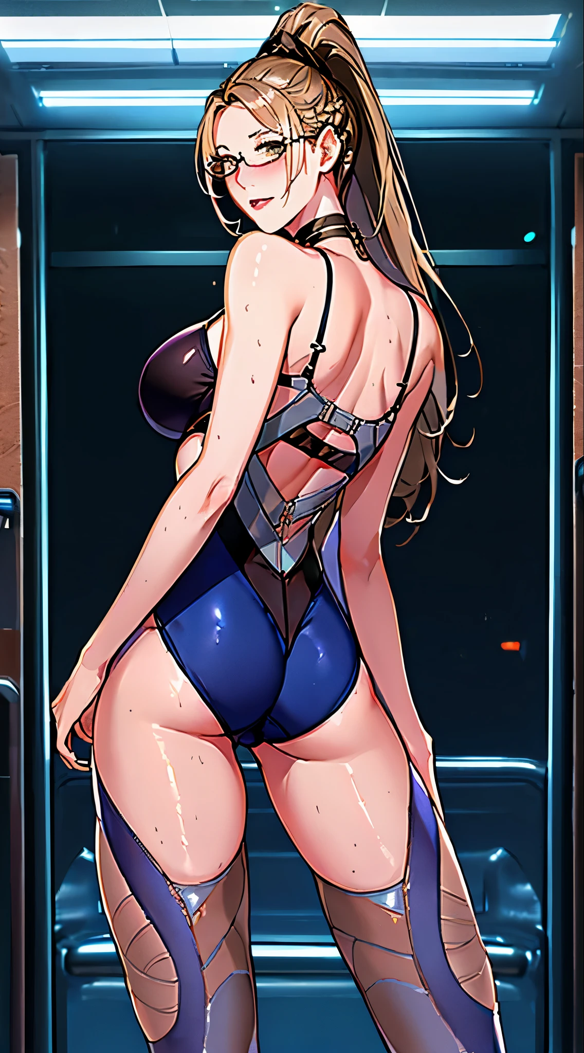 1girl, solo, bust, gaze, blush, bangs, closed mouth, standing, ass, thighs, cowgirl shot, glasses, choker, rear view, indoor, underwater, from behind, wet, one piece swimsuit, arms out, back, black choker, wading, glasses, swimsuit, braid ponytail, white one piece swimsuit, high leg swimsuit, pool, poolside full body, high resolution, super detailed, high definition CG Unity 8k wallpaper, realistic, photorealistic, RAW photo, white skin, realistic glowing skin, detailed hair texture, accurate, anatomically correct, highly detailed face and skin texture, natural neck length, (beautiful skin: 1. 2 ), beautiful legs, folded eyes, narrow eyes, symmetrical eyes, light brown eyes, double eyelids, fine eyebrows, (glowing lips: 1.4), ((gently blushing: 1.2)), (slender figure: 1. 1), toned abs, cool beauty, large lustrous bust, beautiful detailed eyes, smile, beautiful woman, perfect waist, gorgeous, perfect bust, (((perfect legs))), perfect body, perfect face, (((legs wide open))), (correct arm length), (correct arm ratio)),, correct leg shape, number of correct leg proportions, toes, (no suit)), (((pantyless, bra-less ))))), body without defects, two legs, balanced buttocks size,