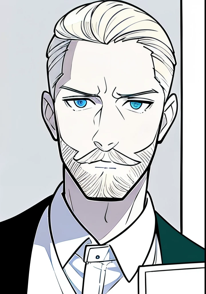 Young Adult male, white and tender skin, pale blonde slicked back combed short hair, kaiser mustache, ducktail beard, steel blue eyes, green and slightly mature, serious and emotionless facial expression, wearing white bottom long sleeve shirt with collar, portrait style, facing forwards