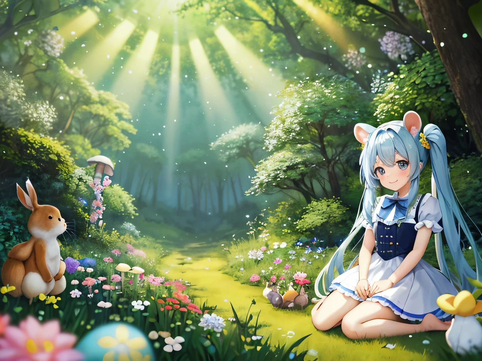 【best image quality】A fairyland full of flowers light blue long hair、Cute girl with twin tails Easter Rabbitが大きな卵を運んで来ます Rabbitの耳 There are also chicks Dynamic mode In a forest full of flowers squirrel Rabbit I'm with the bear cub cute blue and white dress adorable smile in the forest forest creatures Rabbitちゃん Subbear squirrel There are friends in the forest。 There are also mushrooms。Eared rabbit barefoot cute costumes