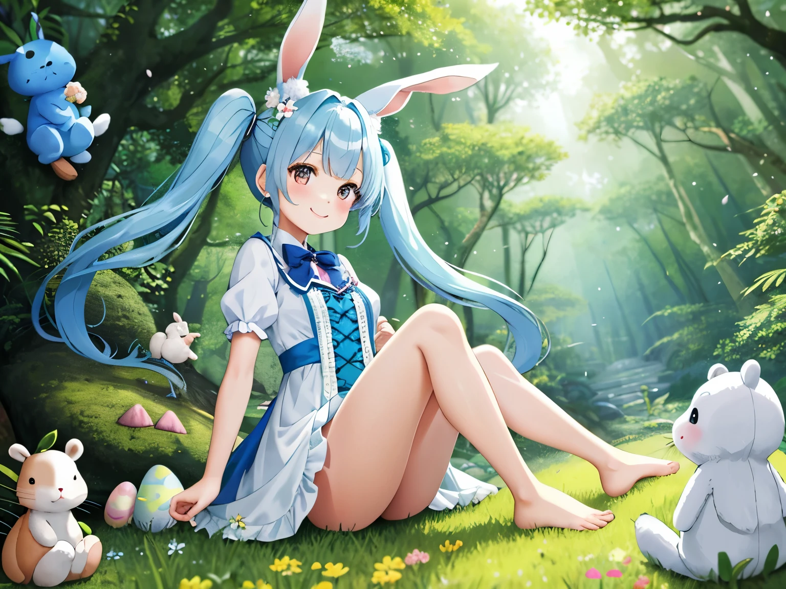 【best image quality】A fairyland full of flowers light blue long hair、Cute girl with twin tails Easter Rabbitが大きな卵を運んで来ます Rabbitの耳 There are also chicks Dynamic mode In a forest full of flowers squirrel Rabbit I'm with the bear cub cute blue and white dress adorable smile in the forest forest creatures Rabbitちゃん Subbear squirrel There are friends in the forest。 There are also mushrooms。Eared rabbit barefoot cute costumes